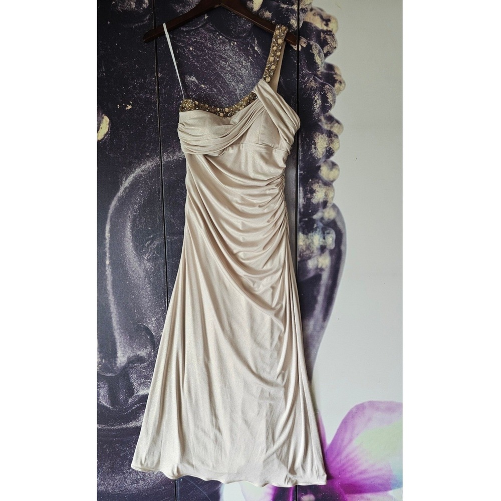 Betsy & Adam Champagne Shimmer Beaded One Shoulder Ruched Dress Size 10